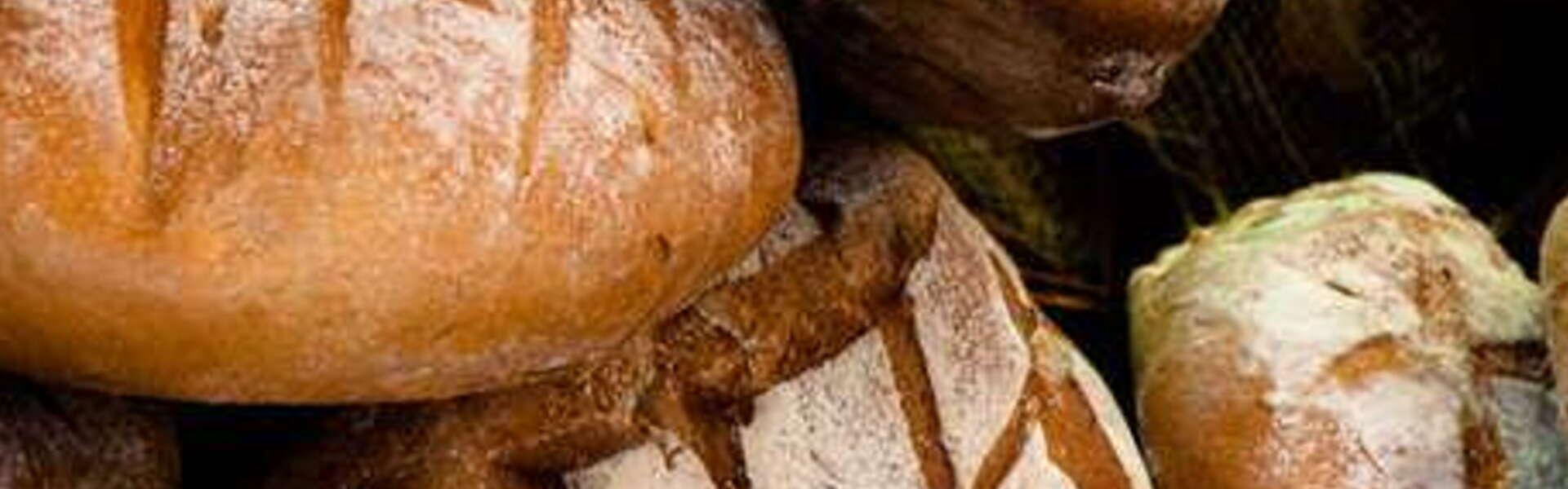 Bochenki chleba wypieczone, obsypane mąką. Ułożone obok siebie.