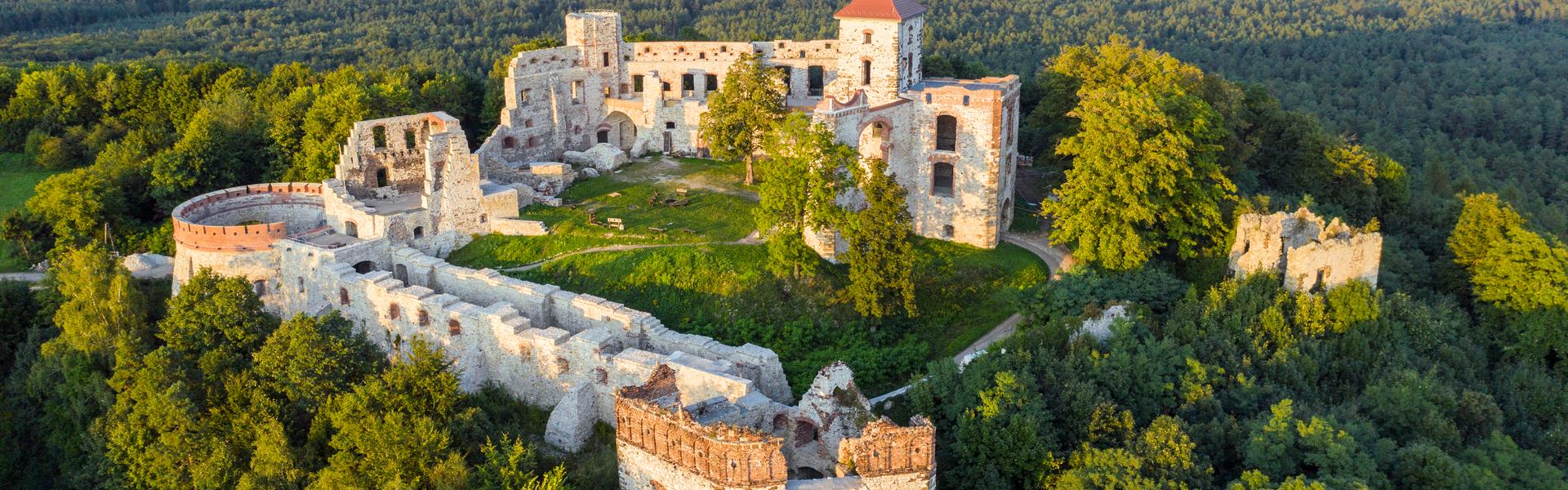 White castle walls among green trees.