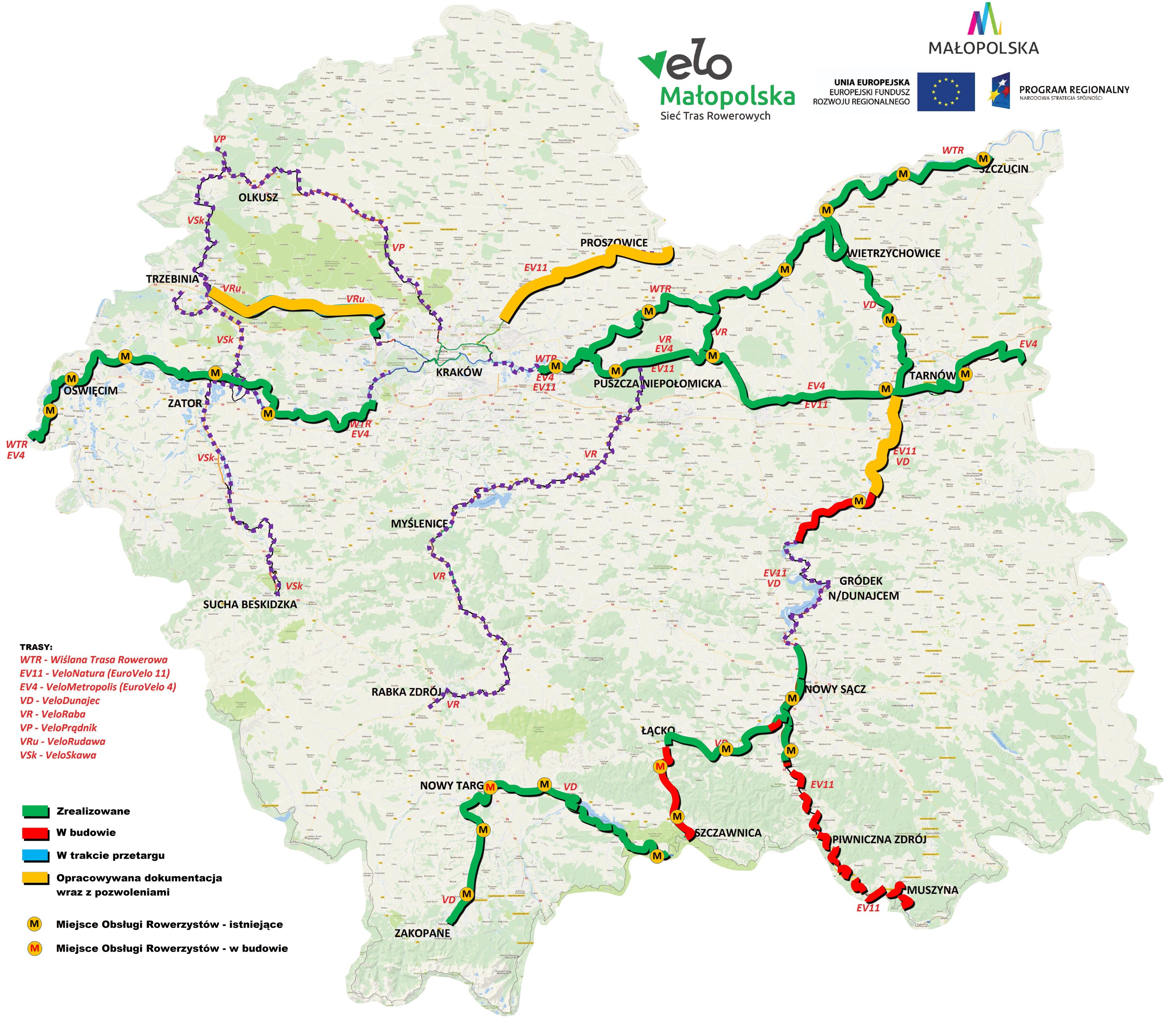 Zaawansowanie budowy - mapa ZDW VeloMałopolska luty 2020